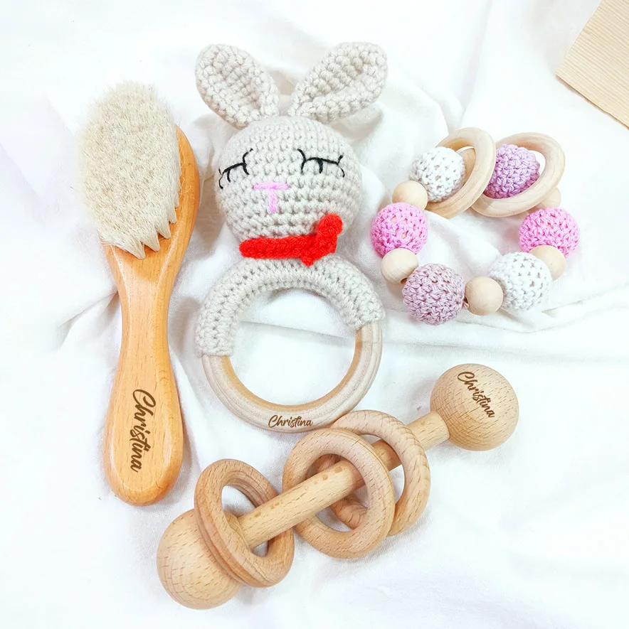 Newborn Souvenir Personalized Baby Shower Toy Set Rabbit Deer Cute Animal Rattle Crochet Doll New Parent Gift Box