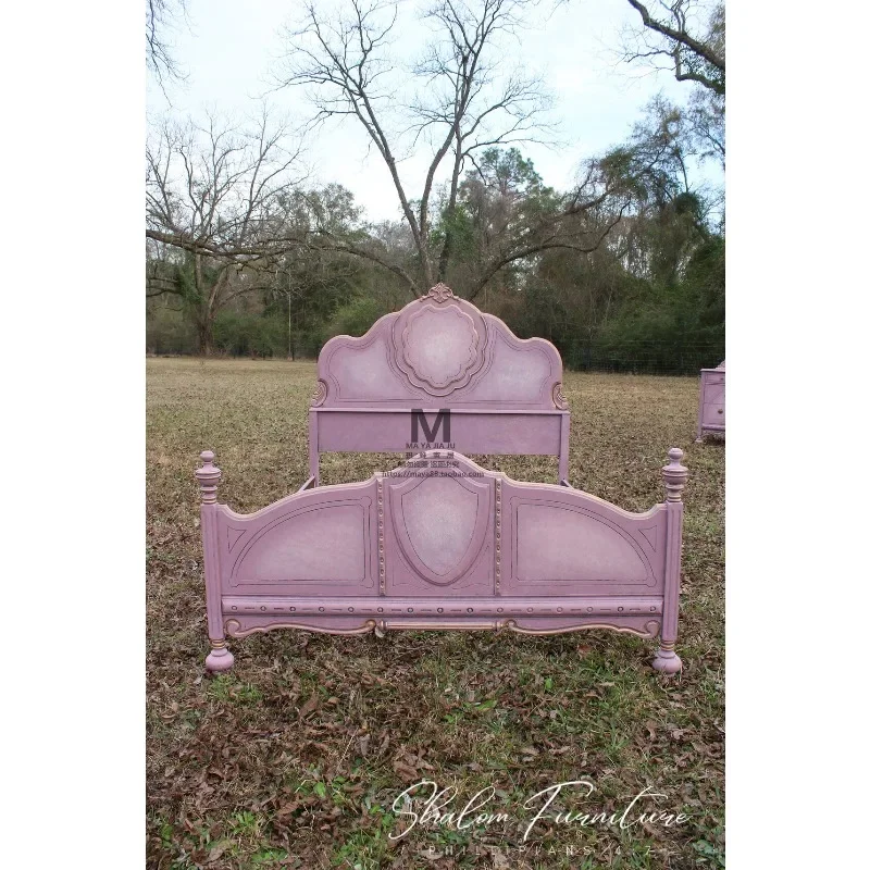French retro romantic solid wood bed old pink princess bed American country engraved custom bedroom double bed