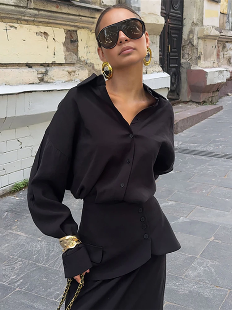 

Cutenew женский шикарный офисный комплект из 3 предметов, классическая свободная блузка с лацканами + однобортные мини-юбки + однотонные макси-низы, женская уличная одежда