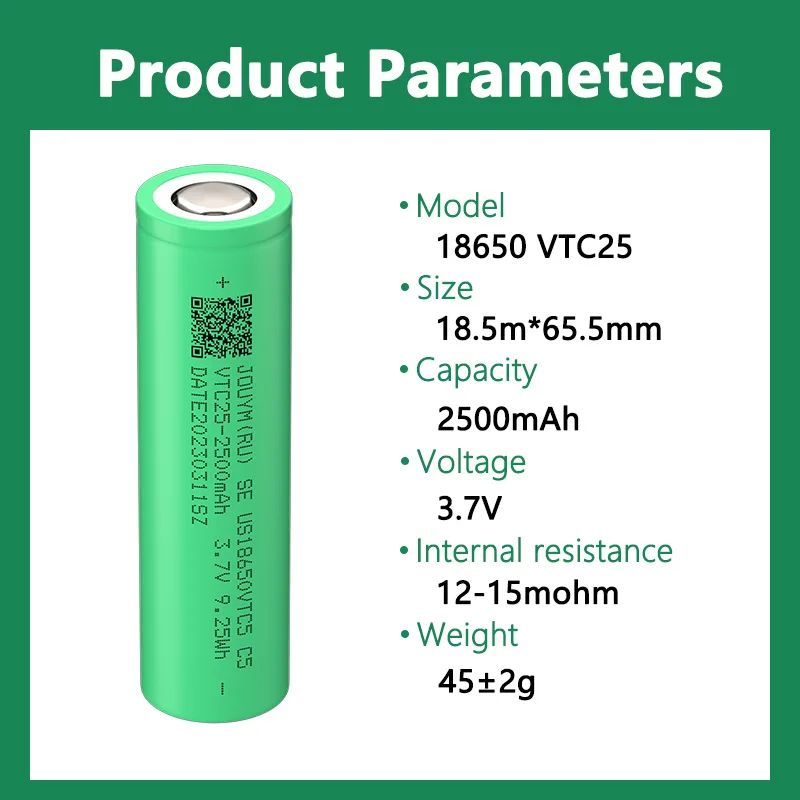 JOUYM 3.7V 18650 Rechargeable Lithium Li-ion Battery VTC25 2500mAh Power High Discharge Cell 30A