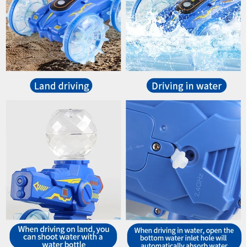 2.4G RC 4CH Amphibious Rolling Car With Lights Spray Water Shooting Remote Control 4 Wheel Drive Off-road Vehicle Kids Toys Gift