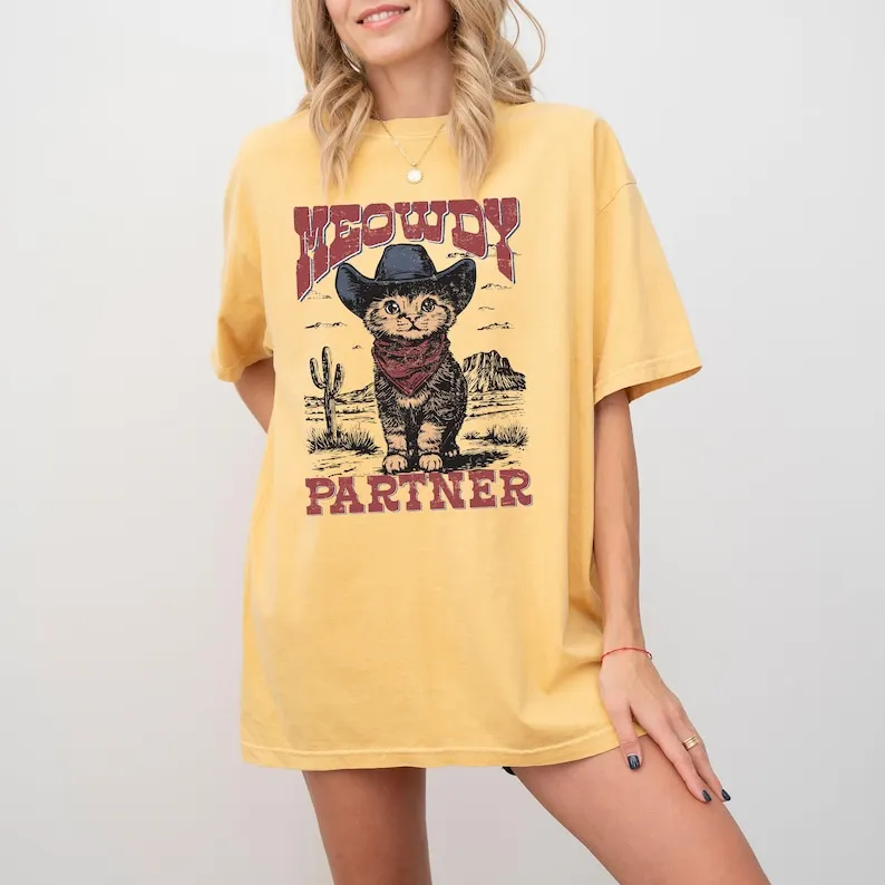 Meowdy Partner, Cowboy Cat, Cowgirl, Howdy, Yee Haw, Western, Country, Cute Shirt, Comfort Colors Tee