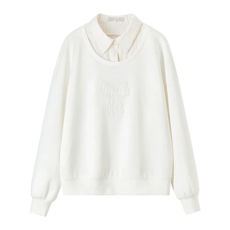 SENTUBILA Bow Embroidery Womens Sweatshirt 2025 Spring Cotton Loose Casual Patchwork Shirt Collar Long Sleeve Pullover 151A58760