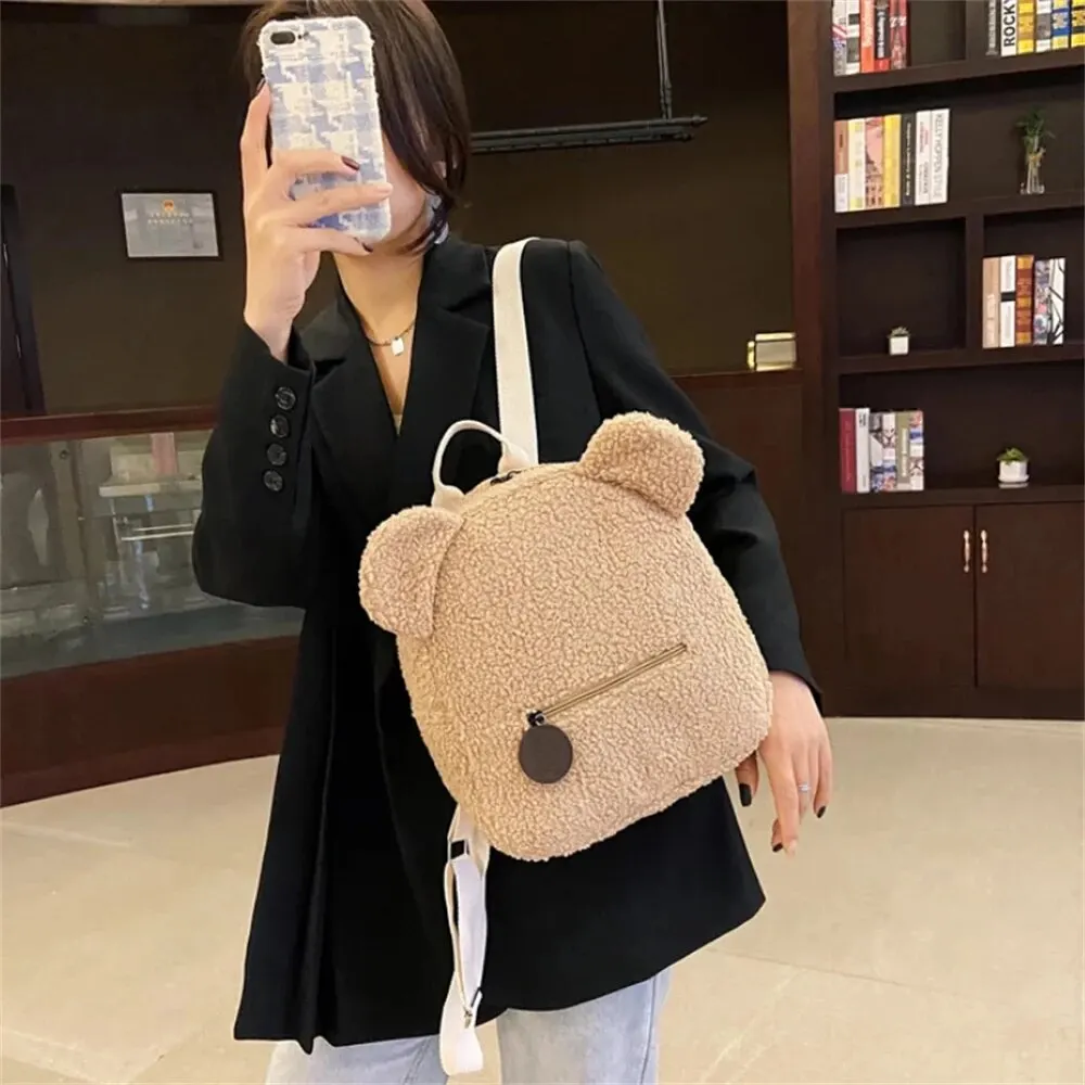 1Pcs Cute Bear Ear Fleece Small Backpack Kids Girls Casual Warm Lambswool Daypack Bag Schoolbag Rucksack for Travel Shopping