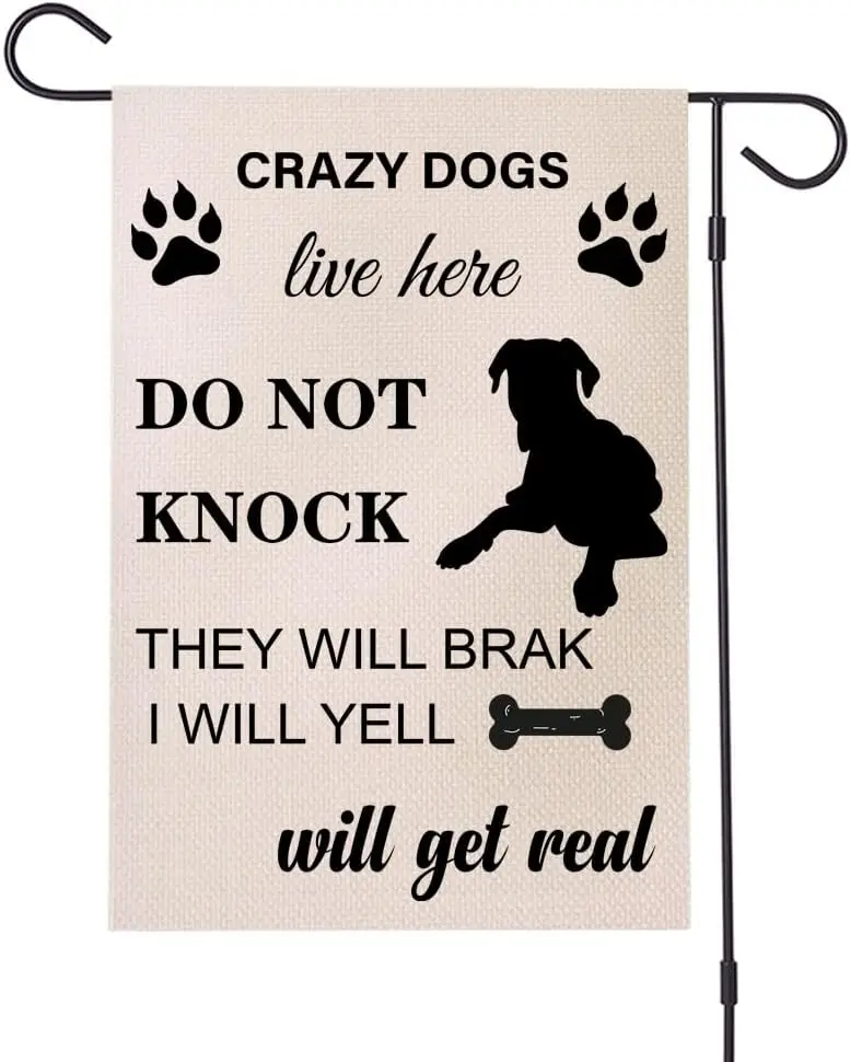 Crazy Dogs Live Here Garden Flag Burlap Do Not Knock Sign 12.5×18in Double Sided Funny Yard Flags for Outside Decor