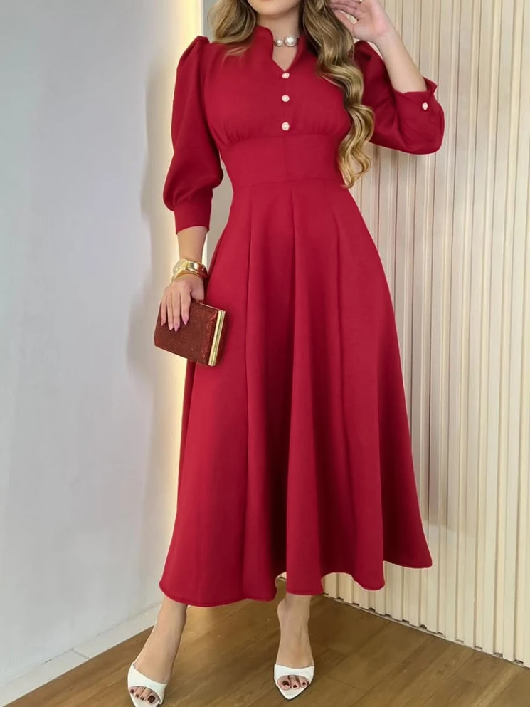 Elegancka sukienka damska w jednolitym kolorze, z długim rękawem, dekoltem w kształcie litery V, dopasowana, o kroju litery A, zapinana na guziki, odpowiednia na wiosnę, lato i jesień.