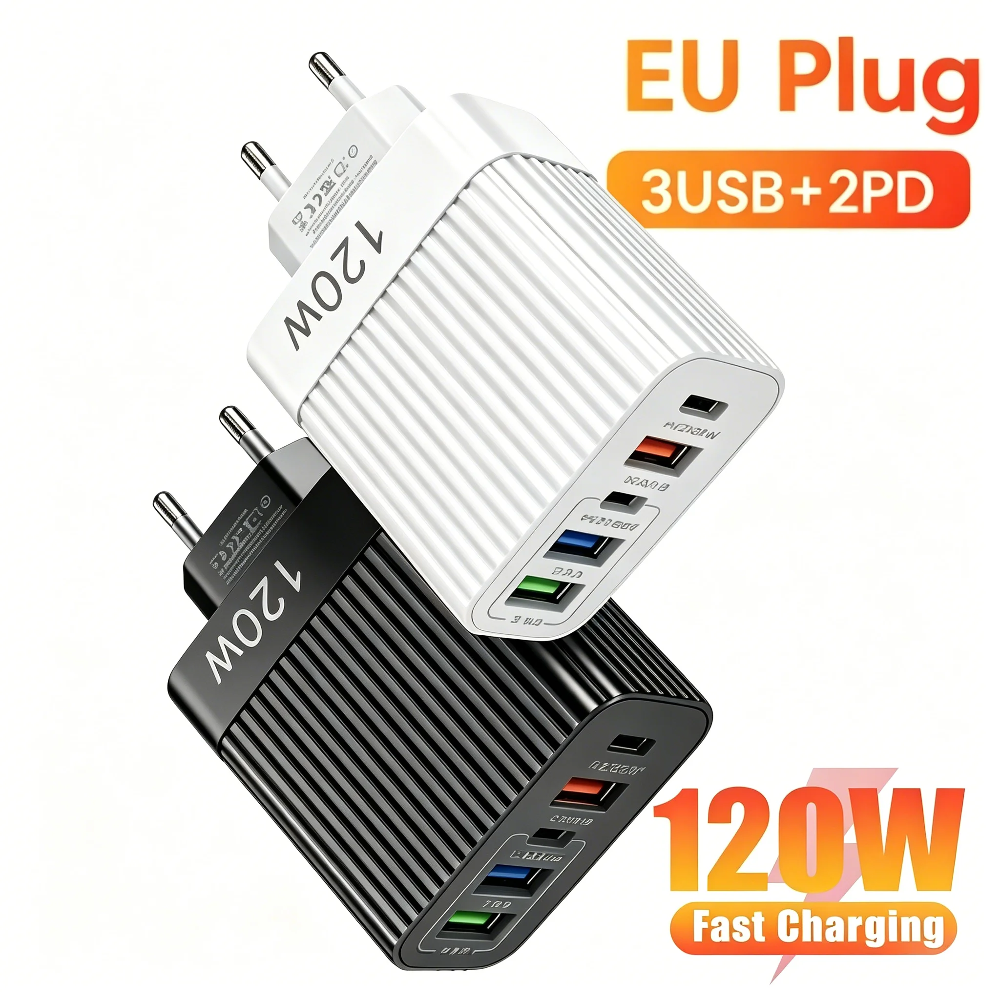 120W 5 Ports USB Charger,3USB+2QC3.0 Fast Charging Mobile Phones,Wall Power Charger Adapter For iPhone Samsung Xiaomi POCO,EU/US