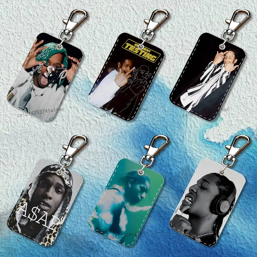 

A-ASAP Rocky Rapper Rectangle Access Card Case Leather Card Holder Keychain Key Ring Transportation Card Case