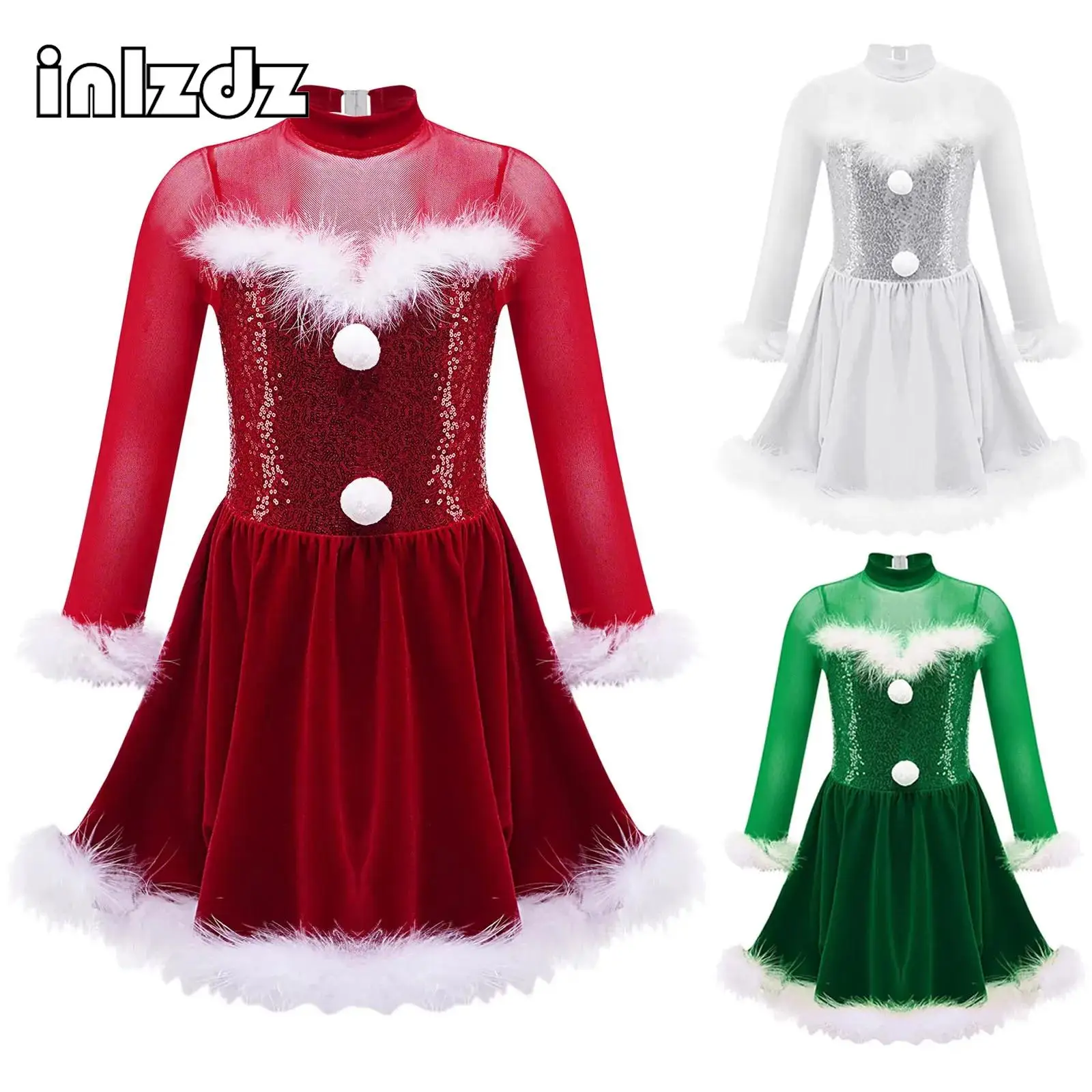 Kids Girls Christmas Dance Costume Faux Fur Santa Claus Leotard Dress Sequins Sheer Mesh Figure Ice Skating Roller Dancewear