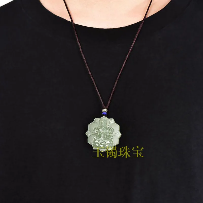 Natural Hetian Jade Guanyin Pendant Necklace Men, Featuring A-Like Texture