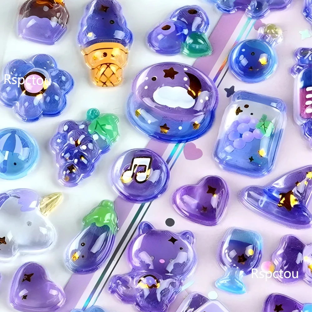 4pcs Kawaii Fruits Animal Cartoon 3D Bubble Stickers Aesthetic Cartoon Crystal Relief Decoration Decals Reward Sticker Toys Gift