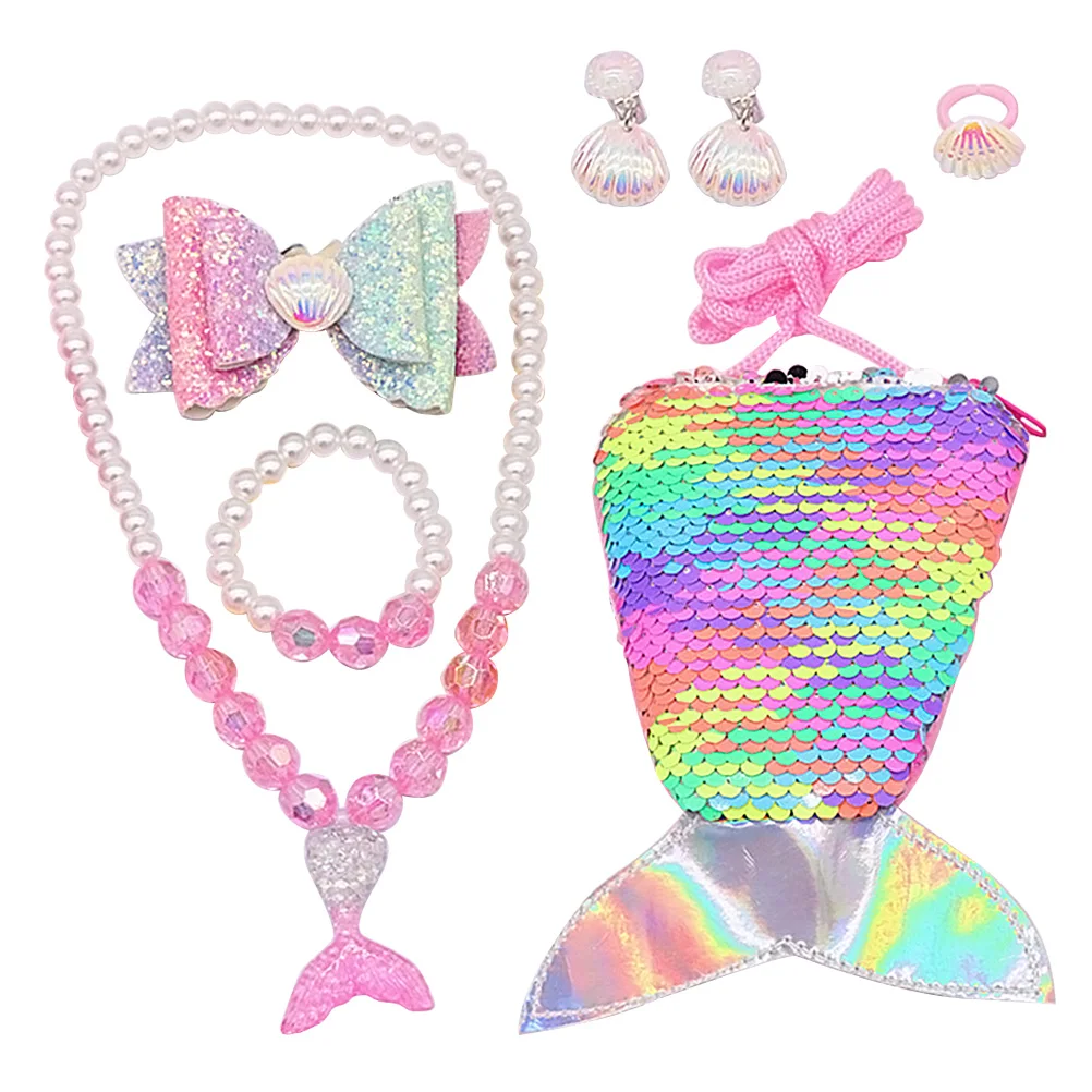 7 em acessórios para o cabelo da menina crianças anel de sereia festa traje saco de lantejoulas meninas colar kit de jóias crianças bebê