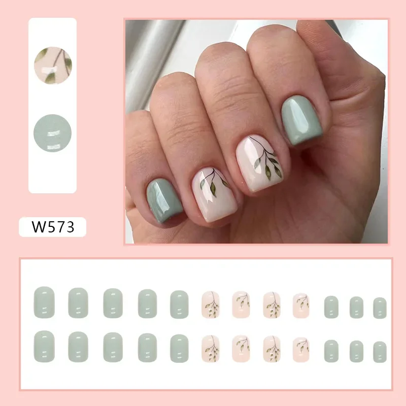 24pcs/set Summer Stick-on Nails Set Press on Short Cheap Green Leaf Fake Nail for Girls Acyrlic Square False Nails Art with Glue