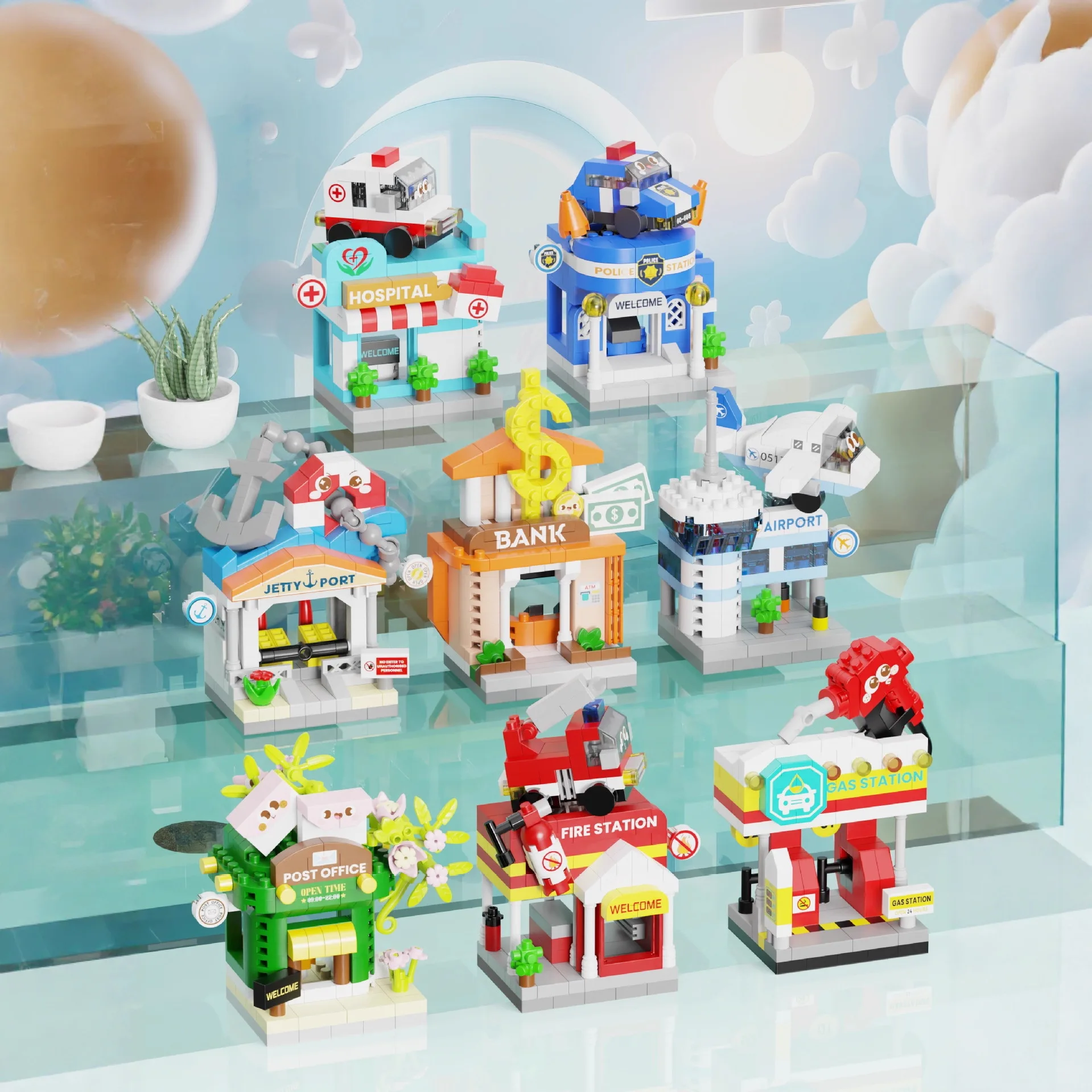 

Creative Nanobrick Street View Hospital Airport Dock Micro Diamond Block Fire Police Station Building Brick Construction Toys