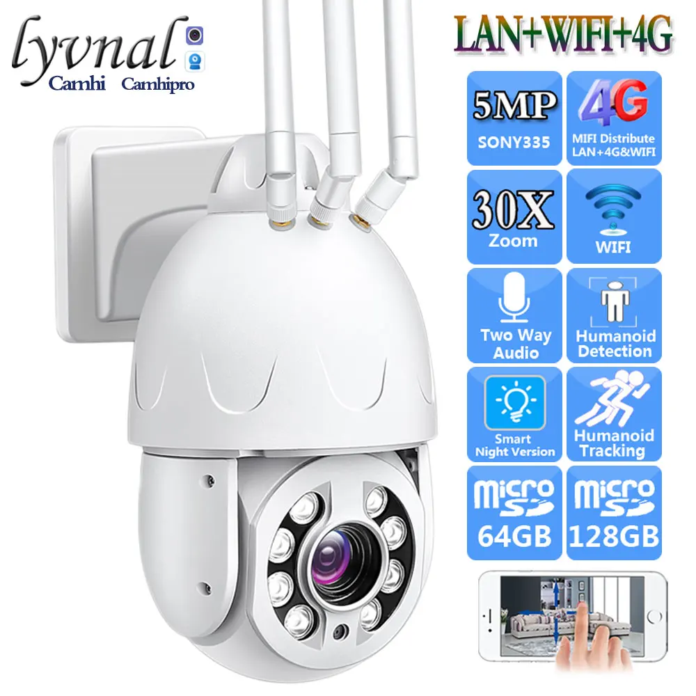 

3G 4G SIM Card Sony335 HD 5MP Wireless Security IP Camera Wifi PTZ Dome 30X Zoom Human Tracking Color Night Vision Two Way Audio