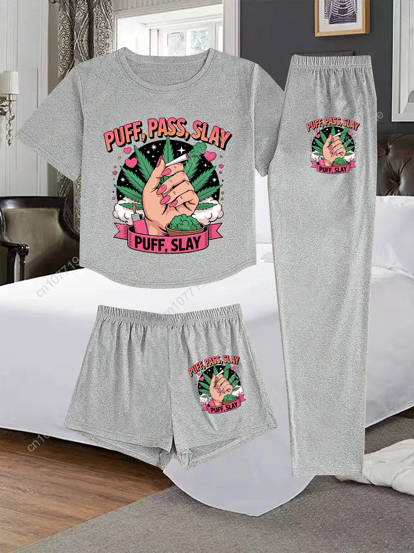 Conjunto de pijama con estampado de hojas y papel rodante de 3 piezas para mujer, ropa de dormir con diseño de hojaldre, paso y enchufe, conjunto de salón 100% con noche de hojas a juego