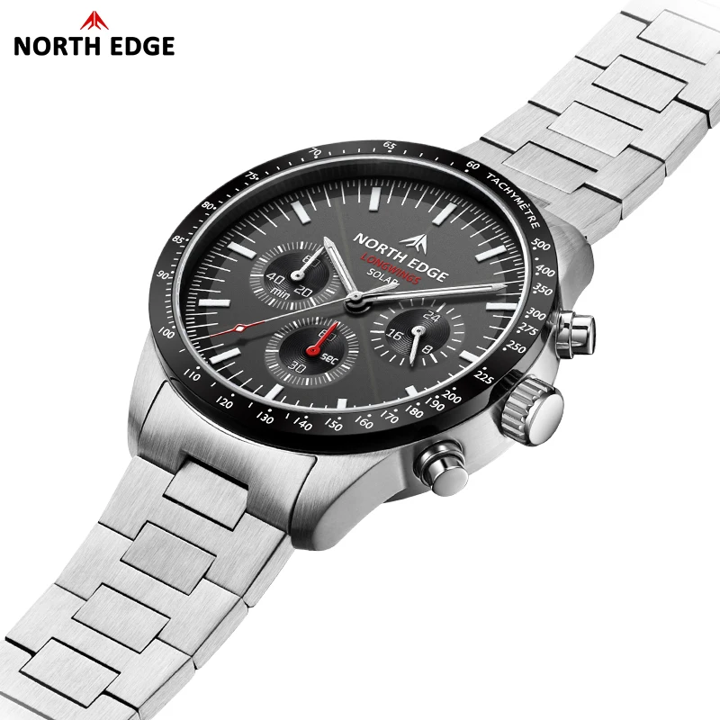 NORTH EDGE 2026 LONGWINGS Herren Quarzuhr Solarbetrieben Stoppuhr Wasserdicht 50M 316 Vollständig Edelstahl Leuchtende Pilotenuhr