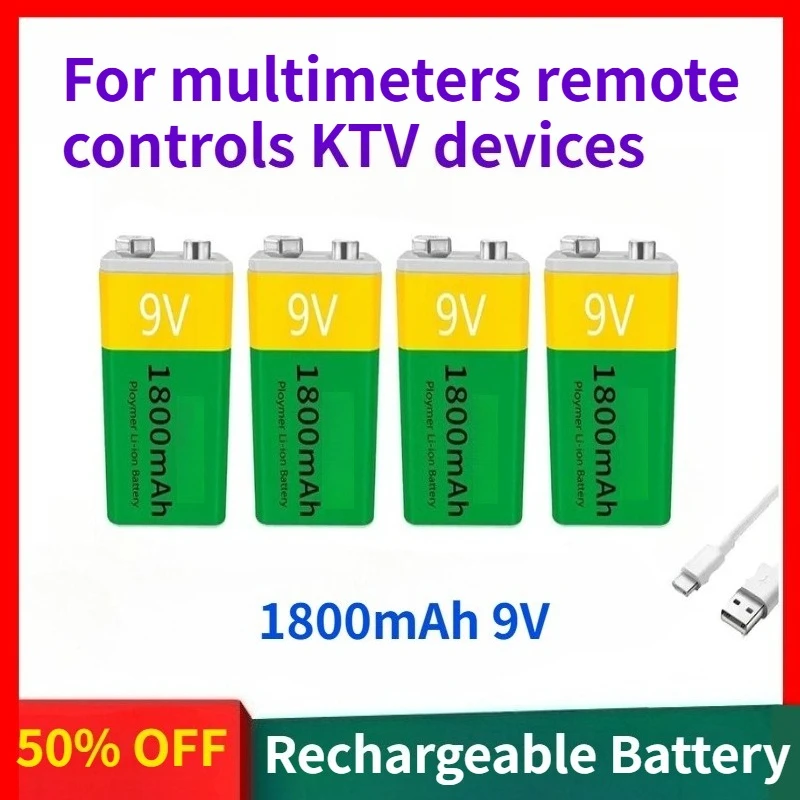 

High-Capacity 1800mAh 9V Li-ion Rechargeable Battery with USB Charging Compatible for Multimeters Remote Controls KTV Devices