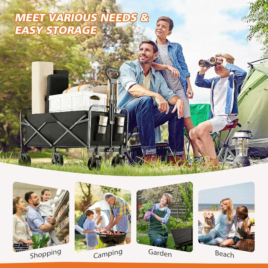 折りたたみ式30インチ食料品カート（車輪付き、調節可能なハンドルとブレーキ付き、ビーチ、庭、キャンプ、スポーツでの携帯用）