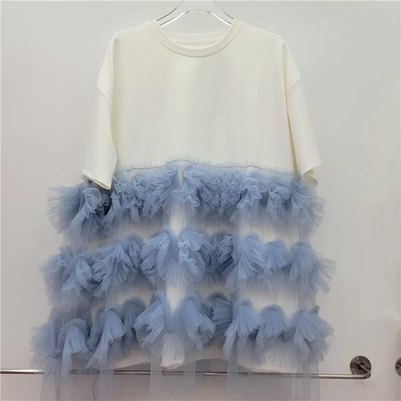 HKSH Summer New Women Chic Dress Mesh Spliced Contrast Color 0-neck Short Sleeve T-shirt Sweet High Street Casual Dresses HK9420