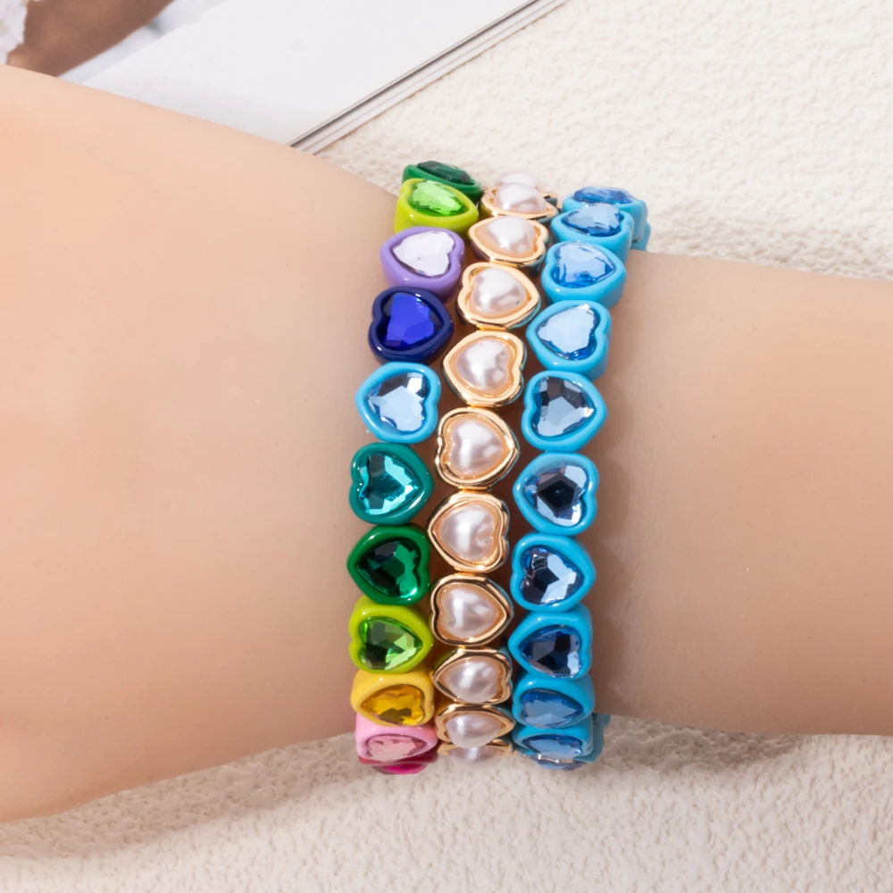 New Colorful Rhinestone Heart Girl Bracelets Crystal Beads Enamel Women Bangle 2024 Fashion Jewelry
