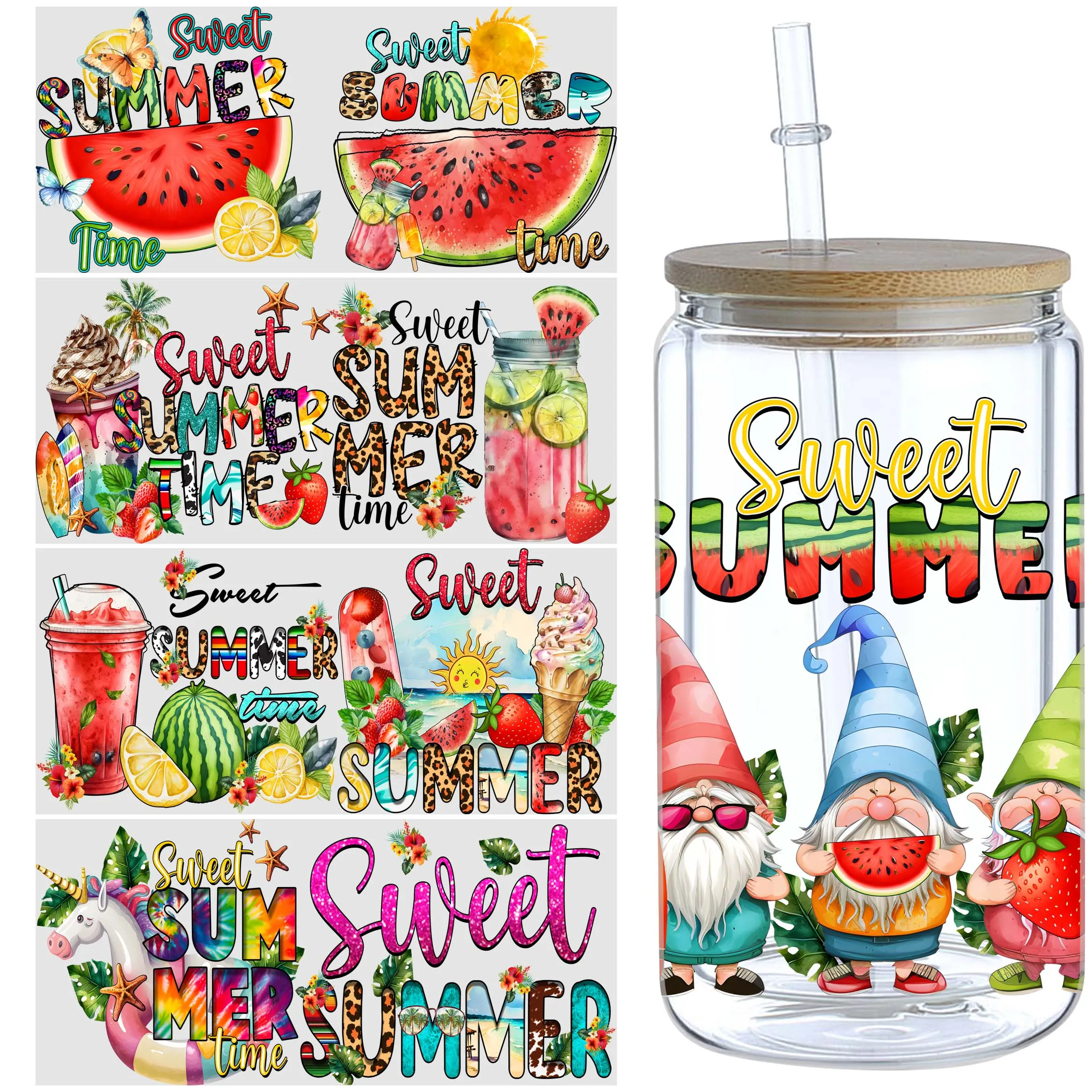 5 sheets of summer UV DTF cup stickers, glass DTF transfer stickers, waterproof wipe transfer paper, suitable for 16 oz glass