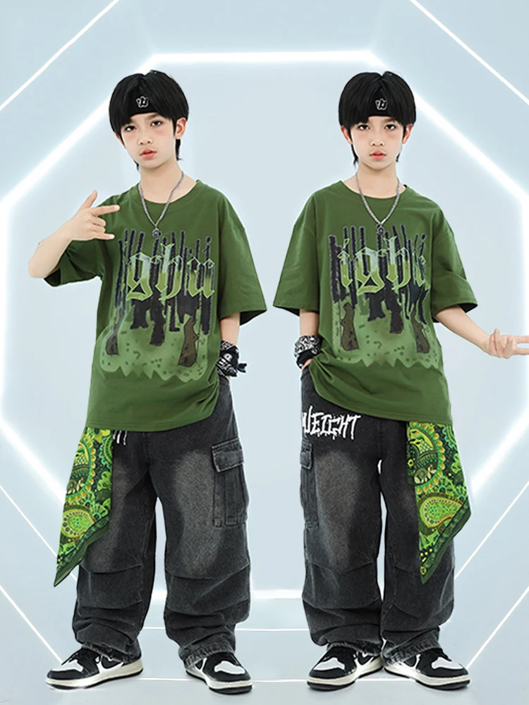 New Kids Groen Pak Hip Hop Dance Streetwear Korte Mouw Tops Jeans Jazzdans Street Dance Prestaties Kostuums Dragen DN20200