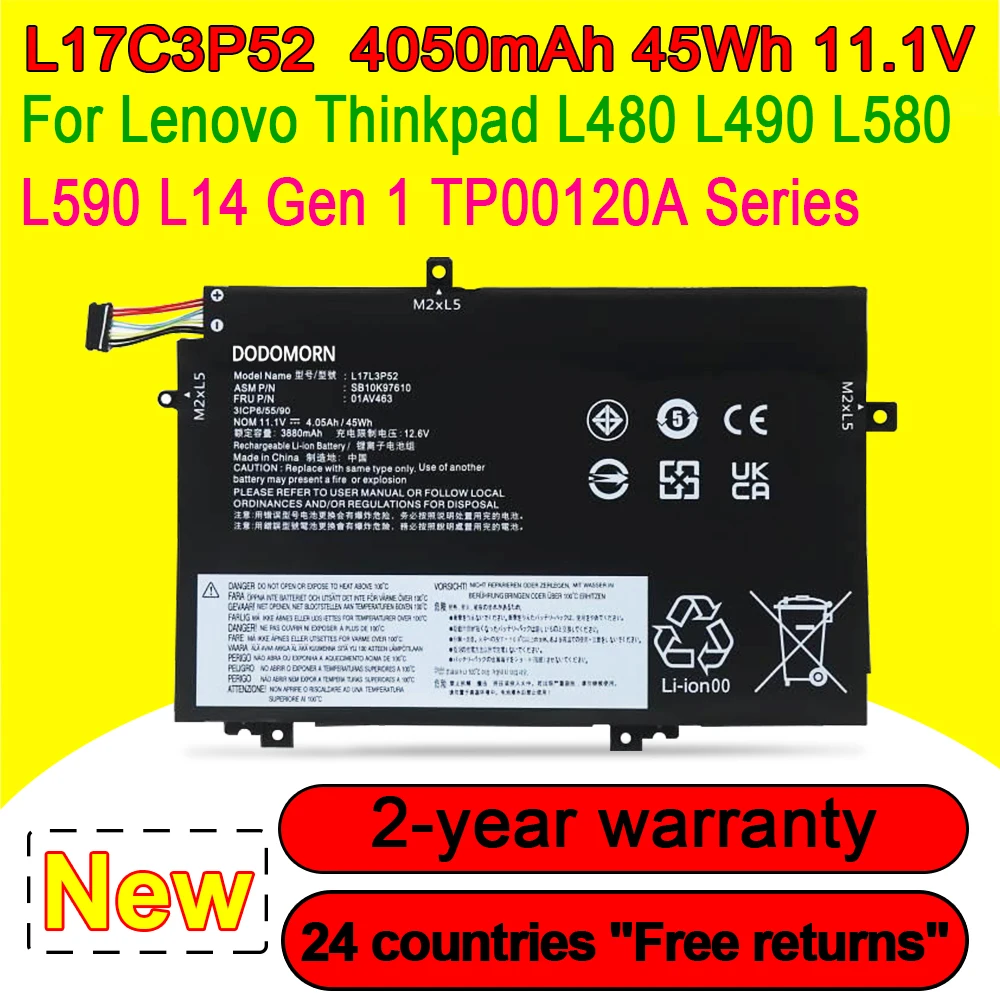 L17C3P52 Battery for Lenovo ThinkPad L480 L490 L580 L590 R480 R580 L14 L15 L14 Gen 2 L15 Gen 2 Series L17M3P53 L17L3P52
