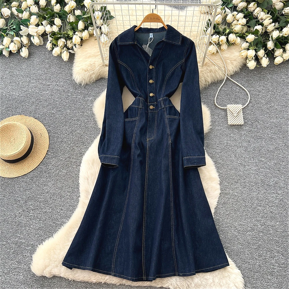 

Women Long Dress Denim Dresses Tight Waist Vestidos Y2k Streetwear Full Sleeve Elegant Party Night Turn Down Collar Spring 2026