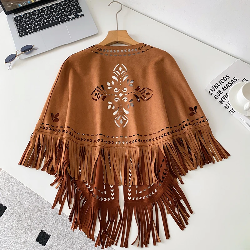 Spring Autumn Retro Ethnic Style Hollow Out Tassel Faux Suede Vest Women's New V-neck Versatile Outer Shawl C196
