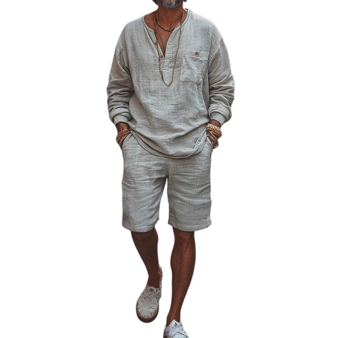 Mann Zwei Stück Set 2025, Neue männer Einfarbig Langarm T-shirt Shorts Set Leinen Strickjacke Casual Lose Kurze lange Ärmel Shirts