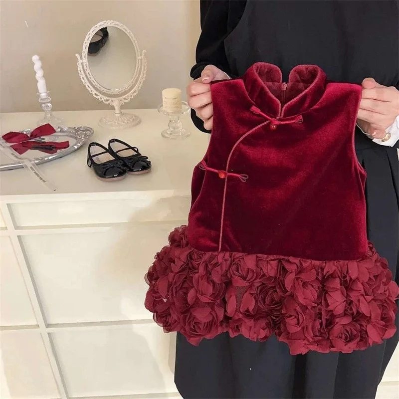 Girls Winter Fleece-Lined New Year Dress Chinese Style Cheongsam Rose Lace Dress Tank Dress Baby Girl Dress