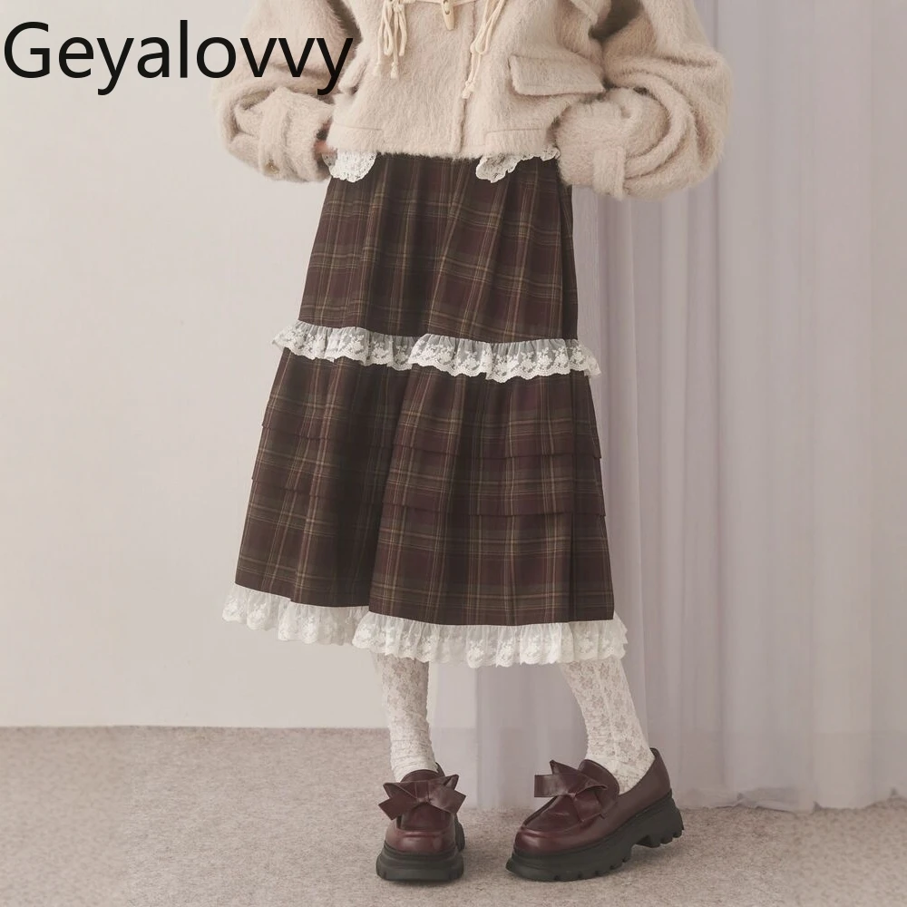 

Japanese Style Lace Casual Skirts for Women Summer Autumn Fashion Patchwork Sweet Plaid Elastic Waist Midi A-Line Skirt