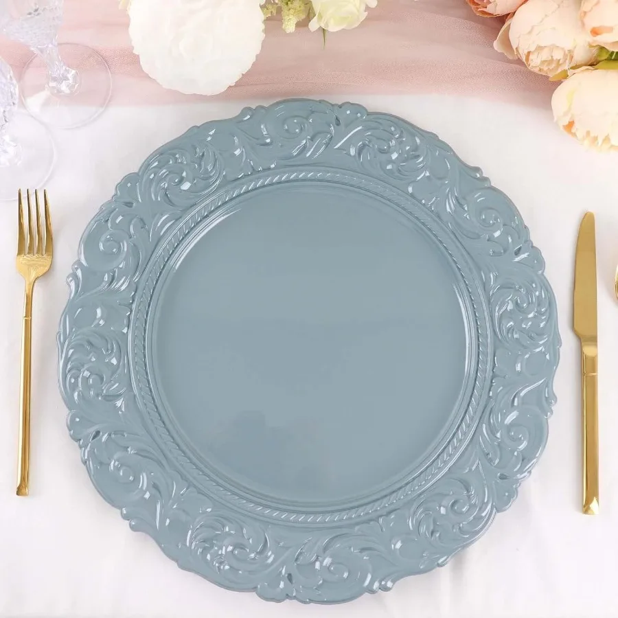 

14" Charger Plates Set of 12 Dusty Blue Disposable Chargers With Engraved Baroque Rim Round Acrylic Serving Plate For Wedding P