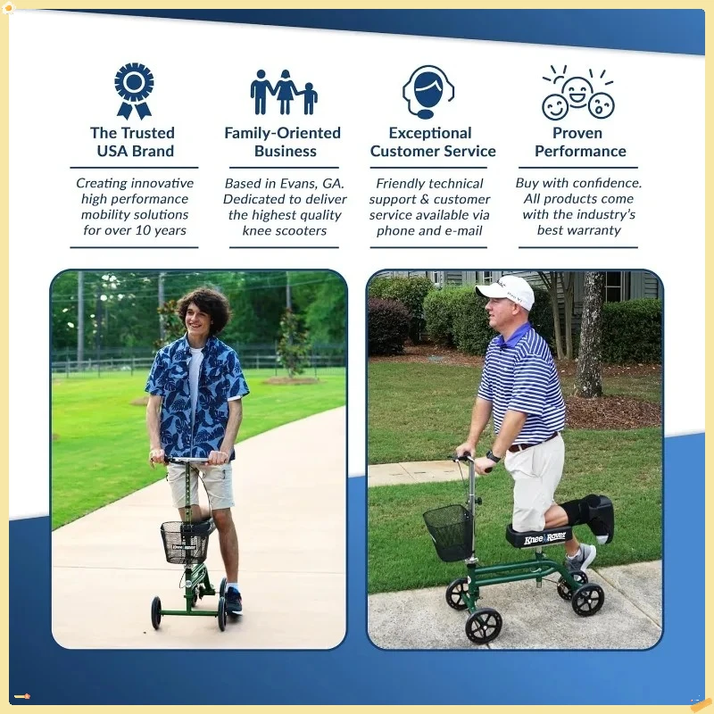 Skuter Lutut yang Dapat Dikendalikan untuk Dewasa, Walker Lutut Lipat dengan Keranjang, Hijau