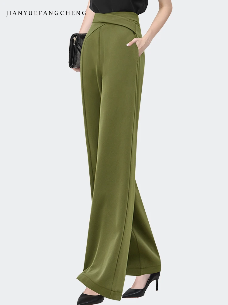 Fashion Army Green Women\' Suit Pants 2022 Spring Summer Lightweight High Waist Long Trousers Loose Straight Wide Leg Pants