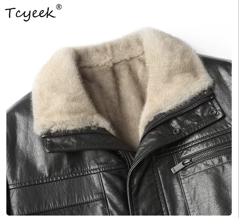 Tcyeek Natural Sliver Blue Mink Fur Coat Men Oil Wax Cowhide Real Leather Jacket Man Warm Winter Clothes Fashion Slim فراء رجالي