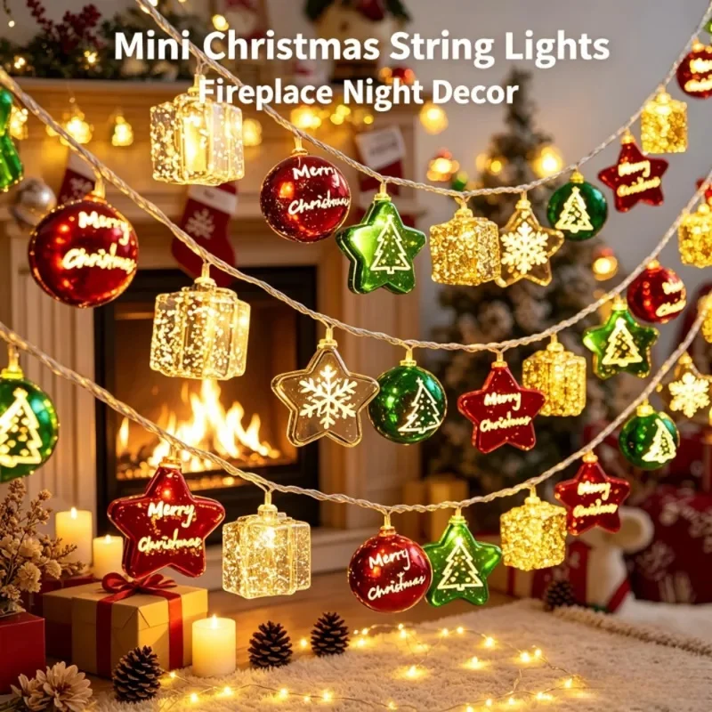 1PC 1.5M10LED Merry Christmas String Lights, Bauble Star Gift Box LED Fairy Lamp, Battery Powered for Indoor Xmas Holiday Decor