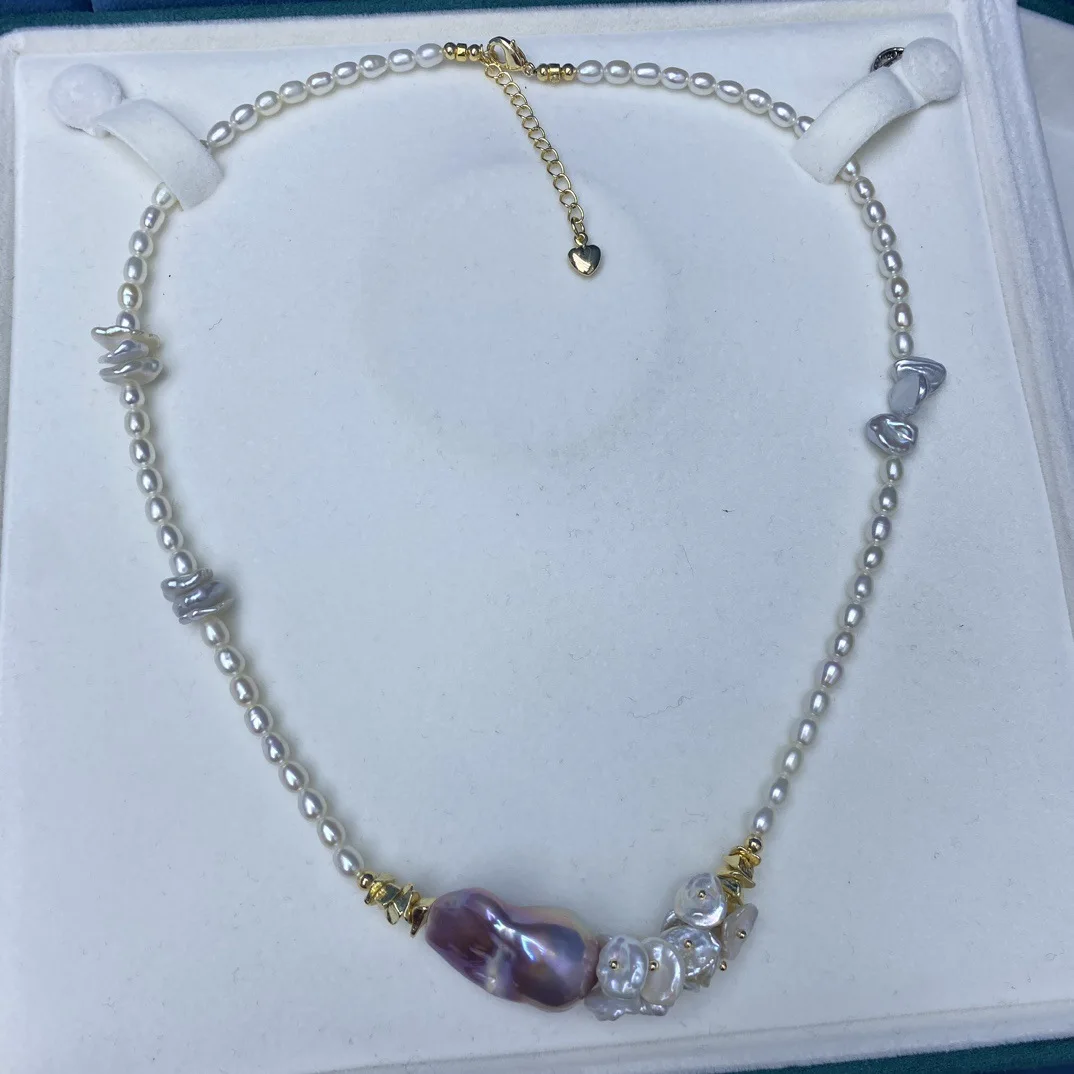 Natural Freshwater Pearl Necklace, Rice Pearls + Iridescent Fish Tail Baroque Pearls, Unique Design Niche Jewelry Gift