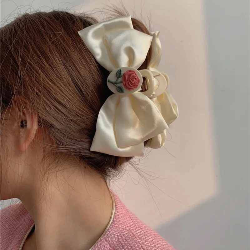 Rose Bow Hair Clip Women's Multi Colored Retro Matte Hair Volume Oversized Hair Grab Clip Sweet Temperament Outdoor Headwear