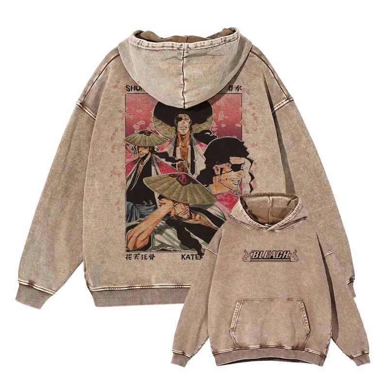 

Bleach Hoodies Ichigo Kyouraku Rukia Kenpachi Print Vintage Washed Hooded Sweatshirts Oversized Pullover Manga Anime Hoodie Men