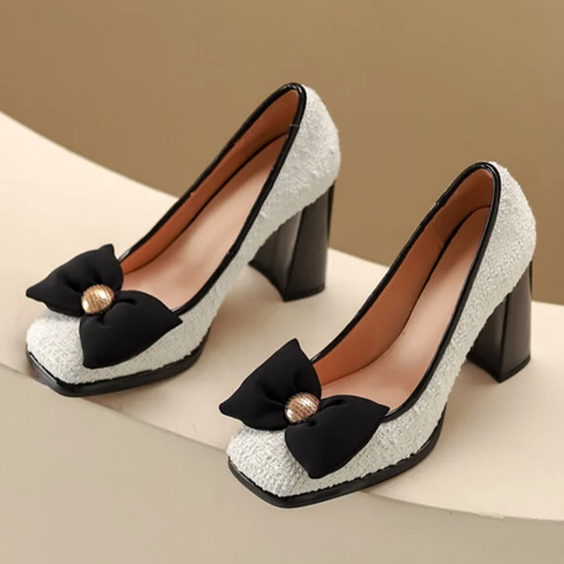 ANNYMOLI Women Pumps Platform Thick Super High Heels Square Toe Mary Janes Bow Crystal Buckle Party Spring Autumn Shoes Black