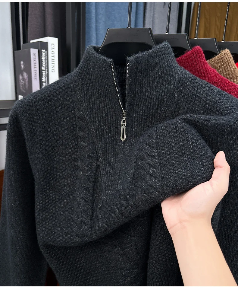 Men's Thick Warm Zipper Half High Collar Knitted Base Sweater Solid Color Sweater for Men's Dad