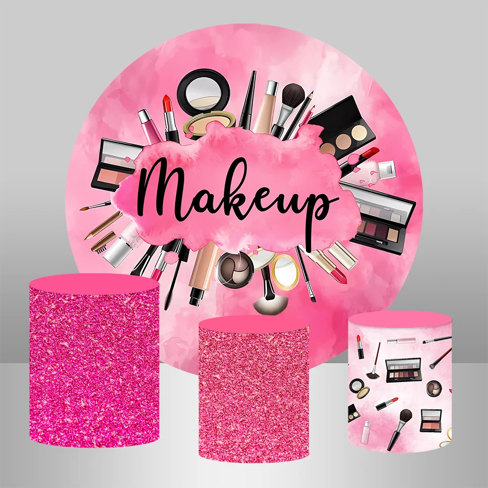 Pink Beauty Spa Theme Round Circle Backdrop Cover Makeup Brushes Girls Birthday Party Banner Background Pedestal Cylinder Covers