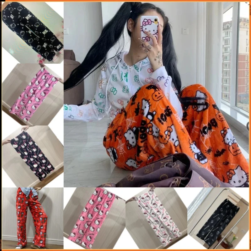 Anime Sanrioed HelloKitty Y2k Sanrioed pigiama pantaloni donna Pjs Halloween Household Dress Kawaii lana Cartoon Casual Home Pants