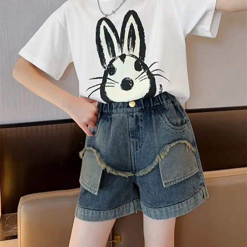 Girls' Lightweight Summer Denim Shorts Set Primary School Trendy Design Comfortable Outerwear Clothing