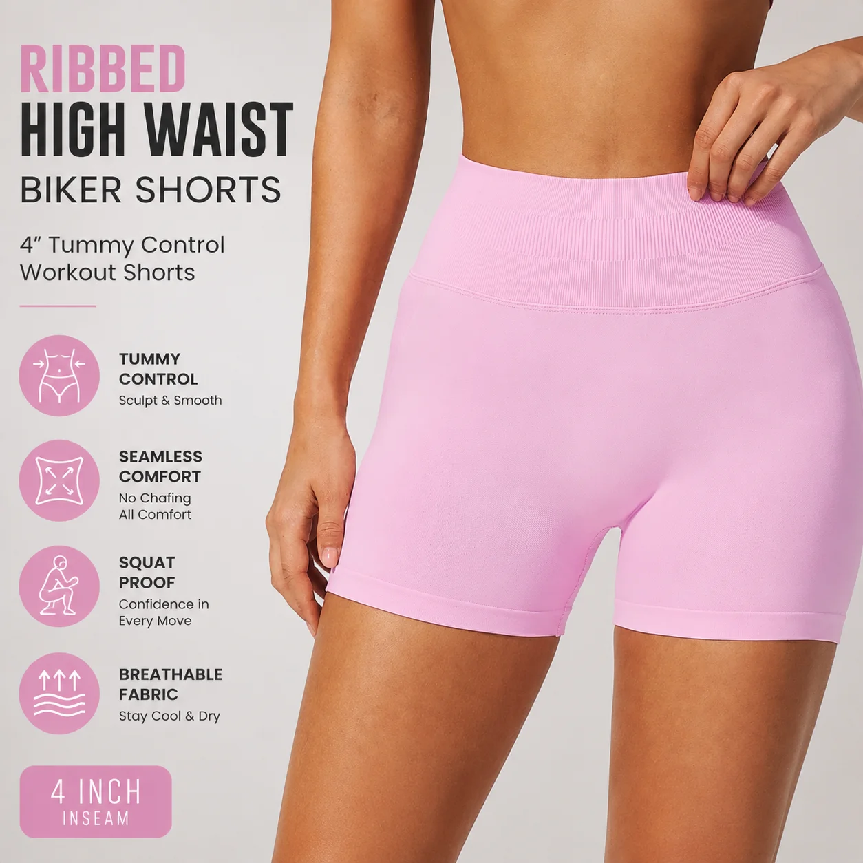 Women's High-Waist Seamless Biker Shorts with Ribbed Waistband Tummy Control Yoga Shorts Squat-Proof Compression Gym Bottoms