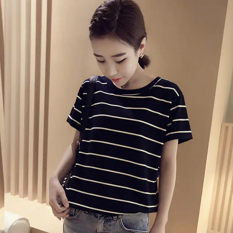 Summer New Korean Style Striped Short Sleeve T-Shirt Loose round Neck Women's Top Cute Style Linen Material Printed Craft