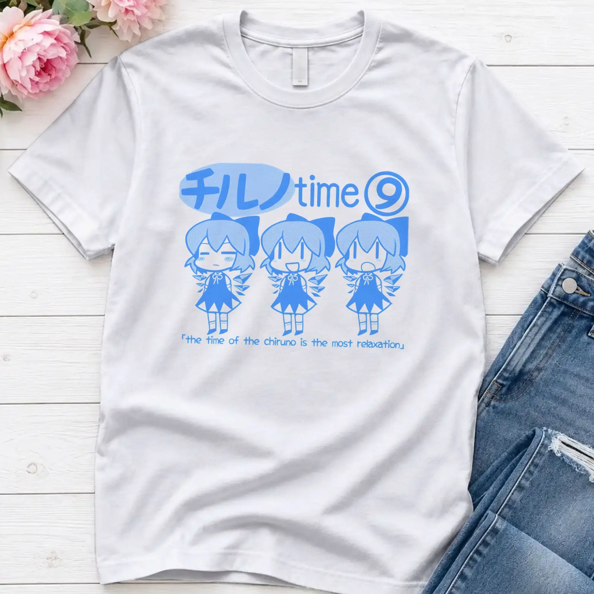 Touhou  Chill Cirno Time  T-Shirt Beach Touhou Project 100% Cotton T-Shirts For Adult Novelty Casual Tshirt Short Sleeve Tops