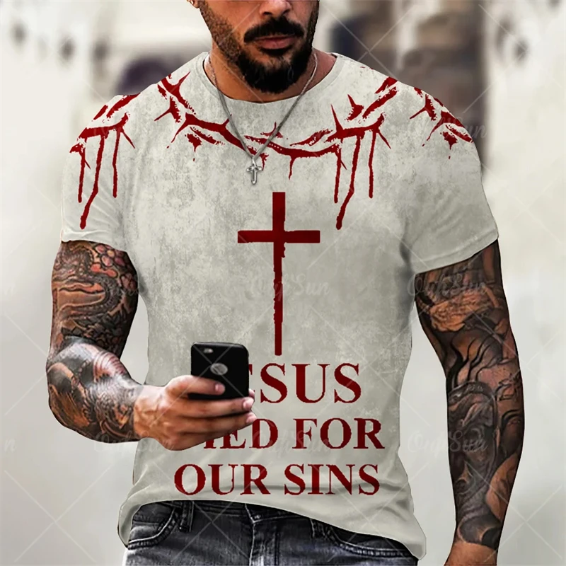 Vintage T-shirts For Men Cross Graphic Jesus Christ 3d Print T Shirt Retro Classic Short-sleeved Oversized Unisex Tops Clothing